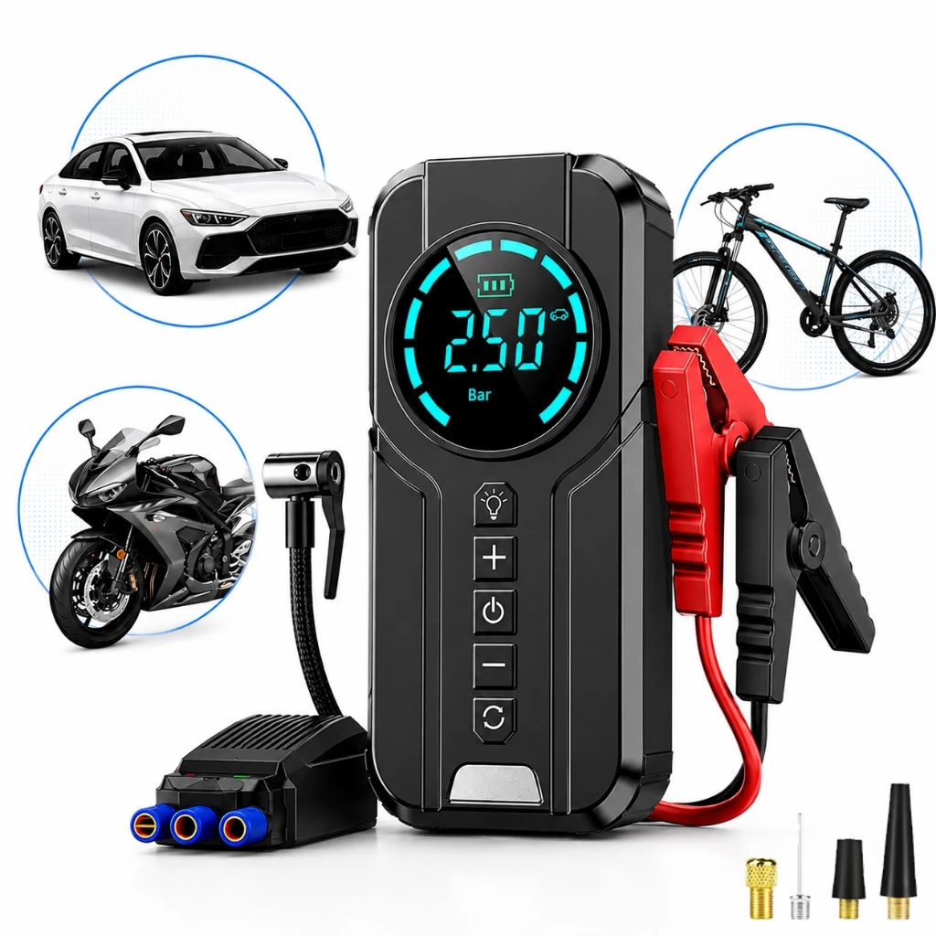 Auxiliar de Partida + Compressor de Ar 4 em 1 · Power Bank e Lanterna
