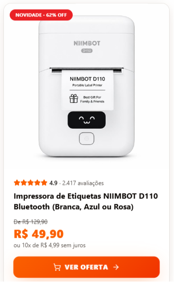Impressora de Etiquetas NIIMBOT D110 Bluetooth (Branca, Azul ou Rosa)