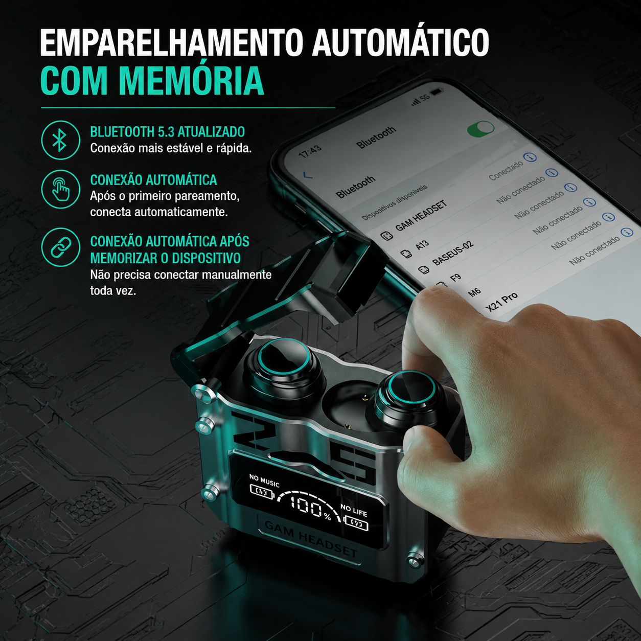 Detalhe do fone TWS M25