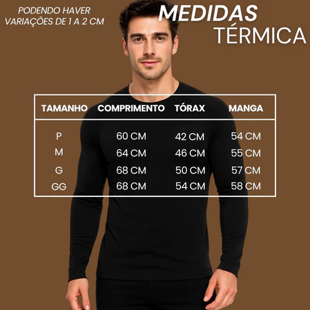 Tabela de medidas da camisa térmica: P, M, G e GG
