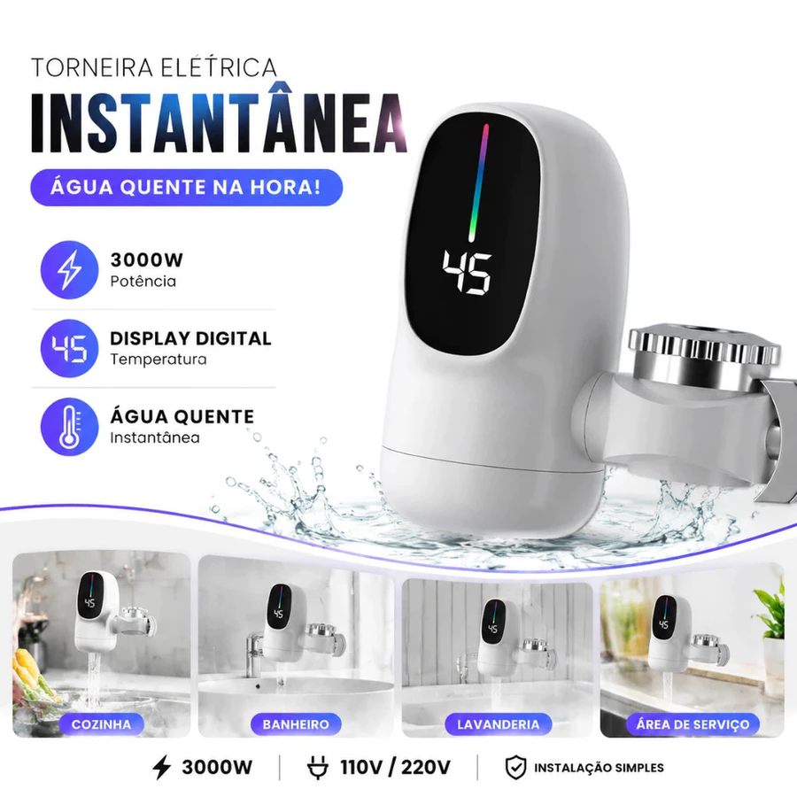 Torneira Elétrica Inox 220V com Visor Digital de Temperatura