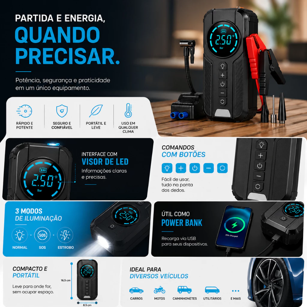 Auxiliar de partida com todos os recursos: visor LED, power bank, lanterna e compressor
