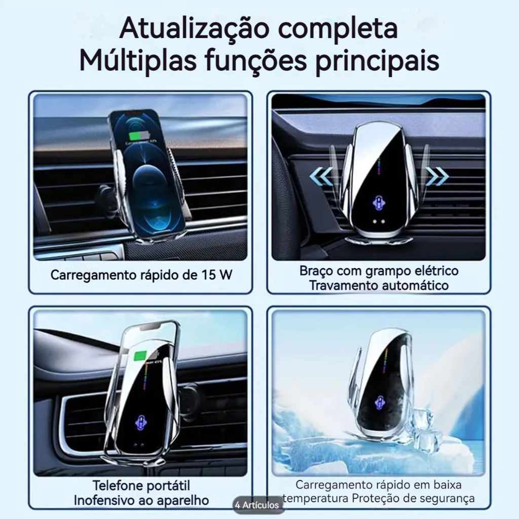 Múltiplas funções: carregamento rápido 15W, trava automática, proteção em baixa temperatura