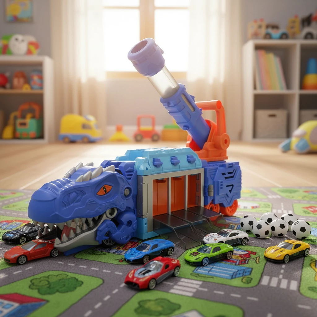 Caminhão Dinossauro Lançador + 6 Carrinhos e 6 Bolinhas