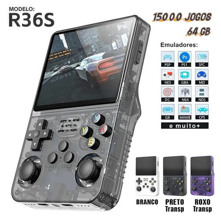 Console R36S · 15.000 Jogos · Tela IPS 3.5" (Roxo/Preto/Branco)