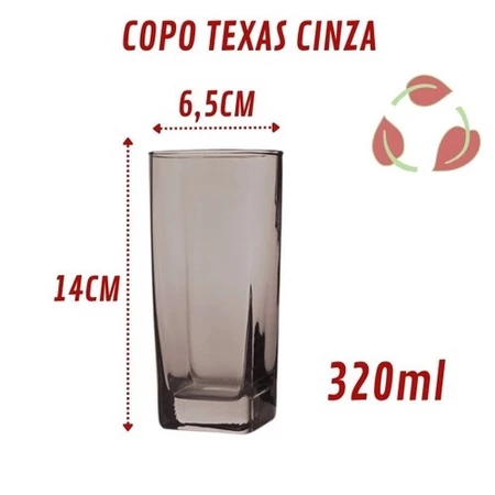 Medidas do copo Texas: 14 cm de altura, 6,5 cm de largura, 320 ml