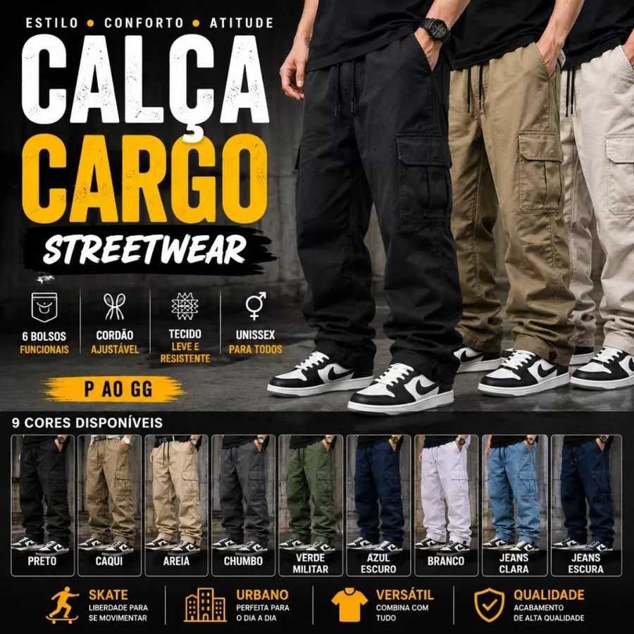 Calça Cargo Streetwear Unissex 6 Bolsos