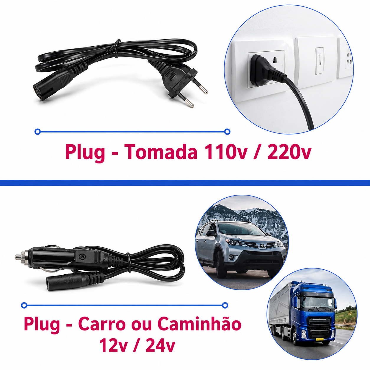 Plug tomada 110v/220v e plug carro/caminhão 12v/24v incluídos