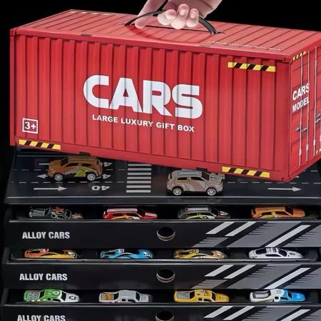Kit 48 Carrinhos de Lata Metálica + Caixa Container que Vira Pista