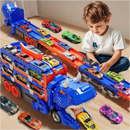 Caminhão Dinossauro 4 em 1 com Pista 150cm, Lançador e 6 Carrinhos