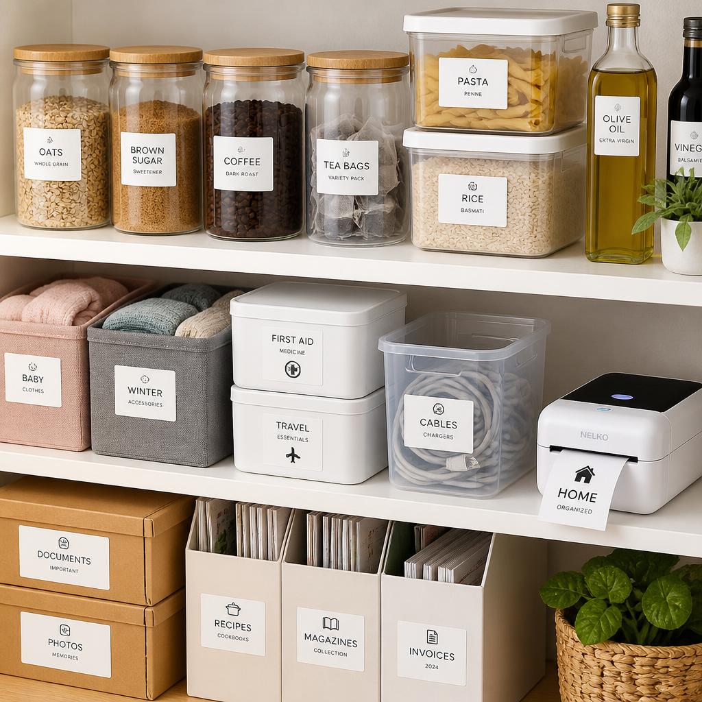 Organização com etiquetas impressas