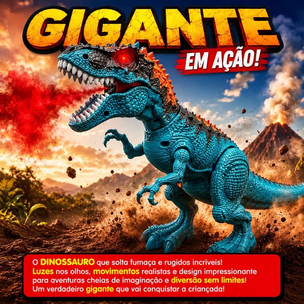 Dinossauro T-Rex Controle Remoto que Solta Fumaça + 3 Pilhas AA