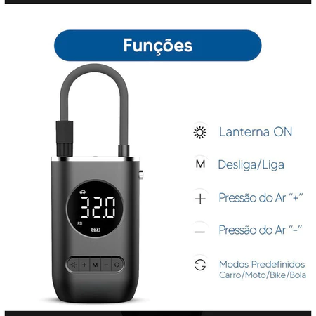 Funções do compressor: lanterna, liga/desliga, ajuste e modos