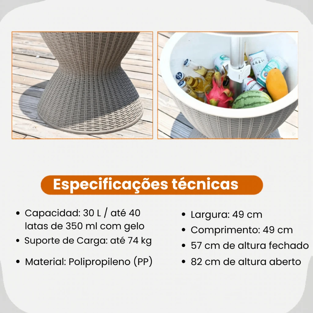 Especificações técnicas da mesa cooler: 30L, 74kg de carga, 49x49cm