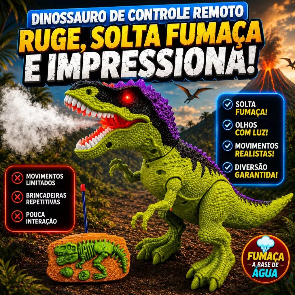 T-Rex verde solta fumaça com controle remoto