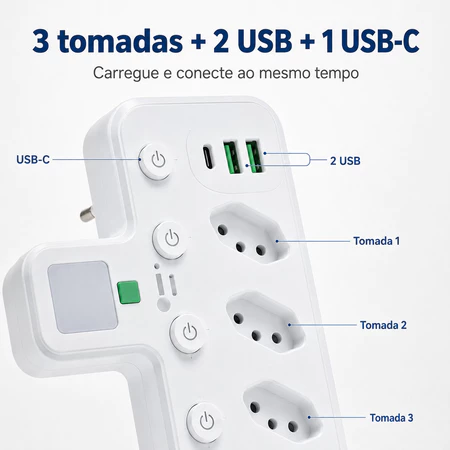 Especificações do adaptador: bivolt, 3 tomadas, USB-C e proteção