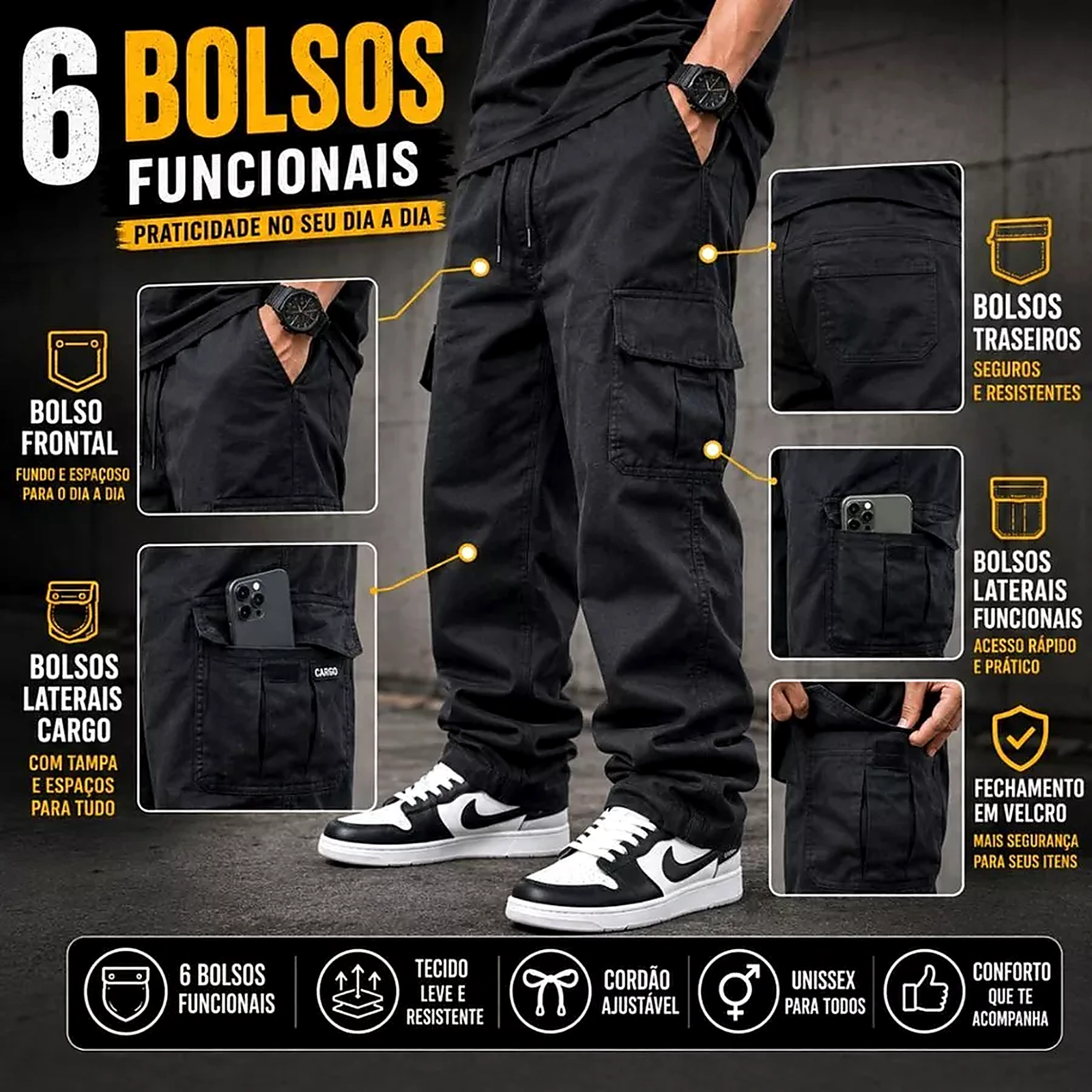 Detalhe dos 6 bolsos da calça cargo