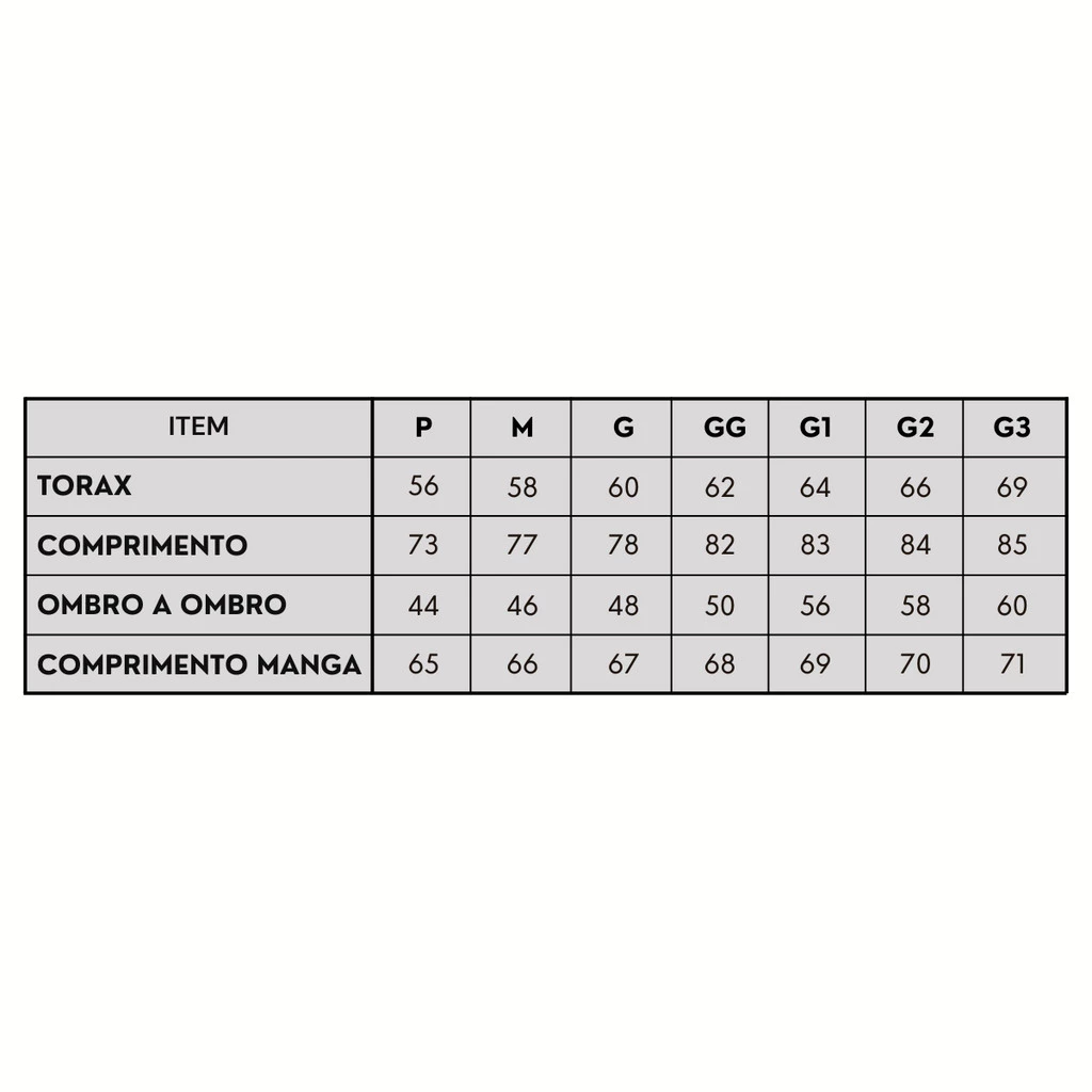 Tabela de medidas da jaqueta corta-vento impermeável (P ao G3)