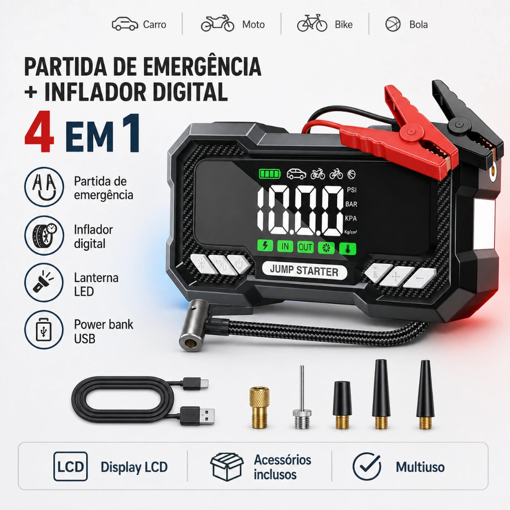 Auxiliar de Partida 12V + Compressor Digital 4 em 1
