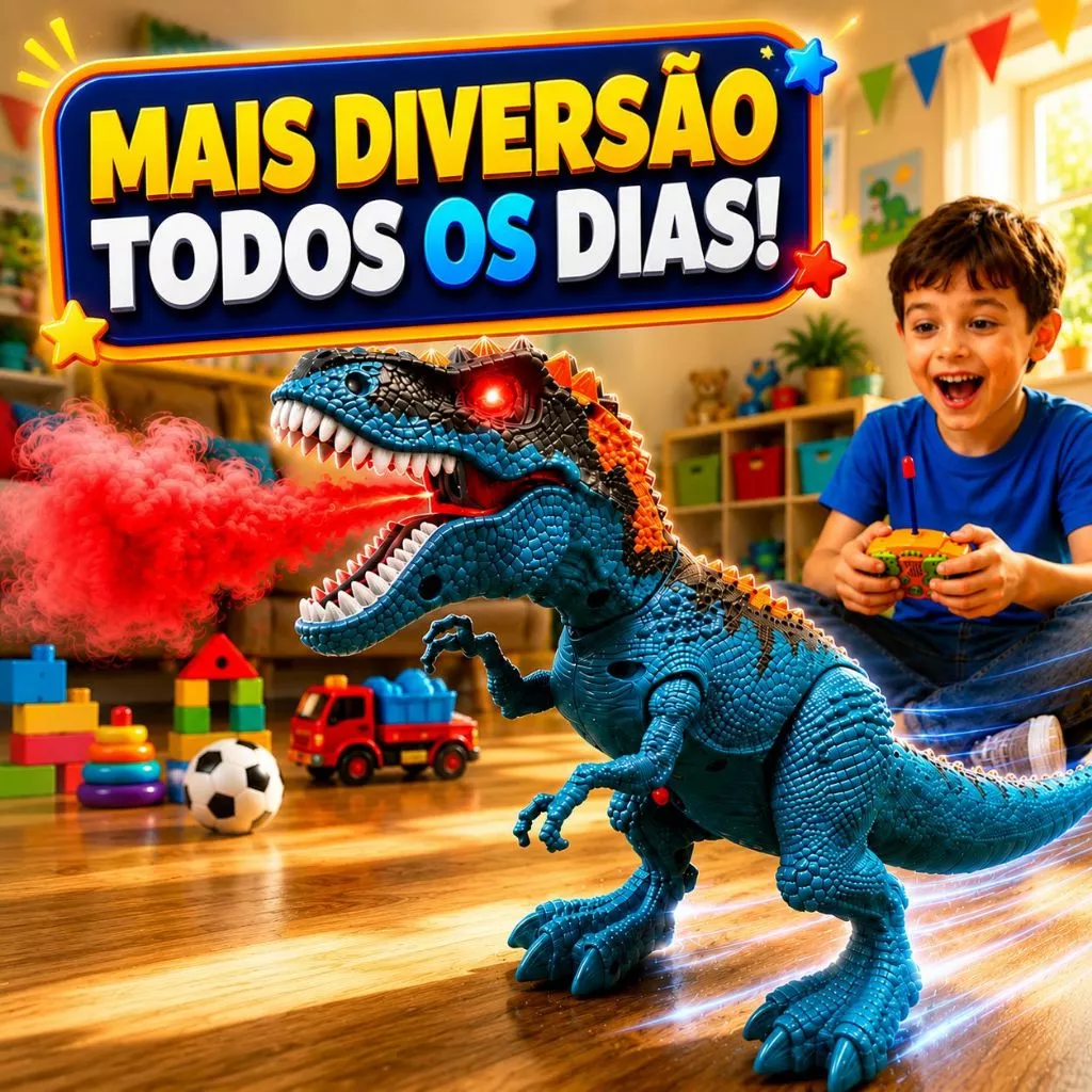 Criança brincando com o T-Rex