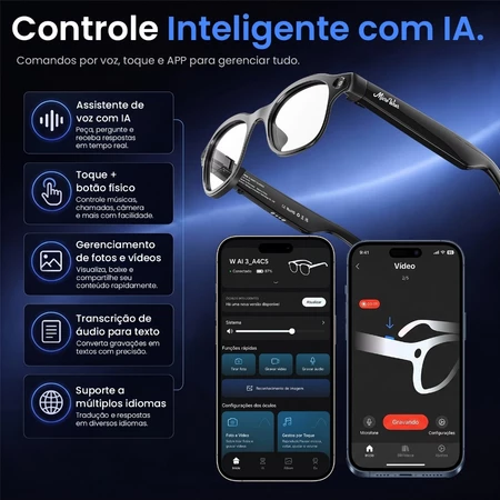 Controle por voz com IA, toque e aplicativo