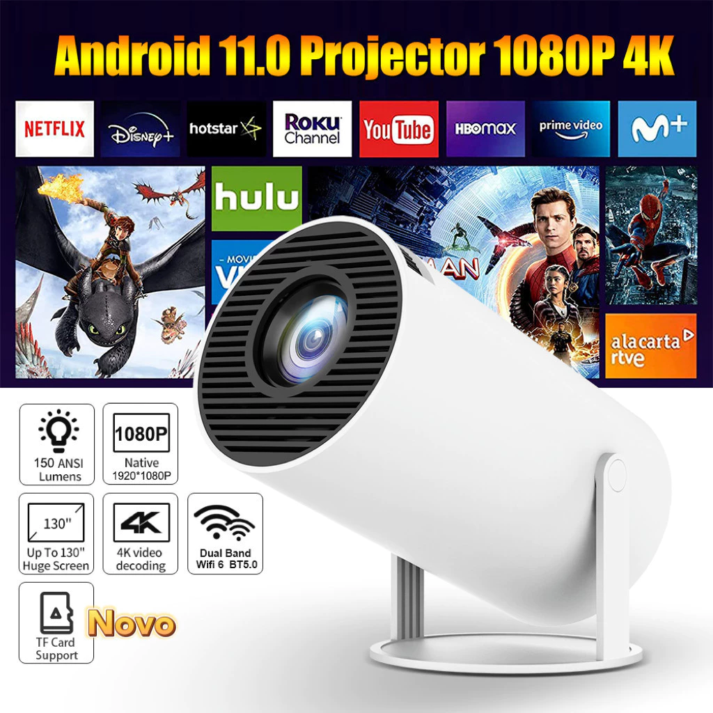 Projetor HY300 4K Android 11 com Netflix, Disney+, YouTube e HBO Max