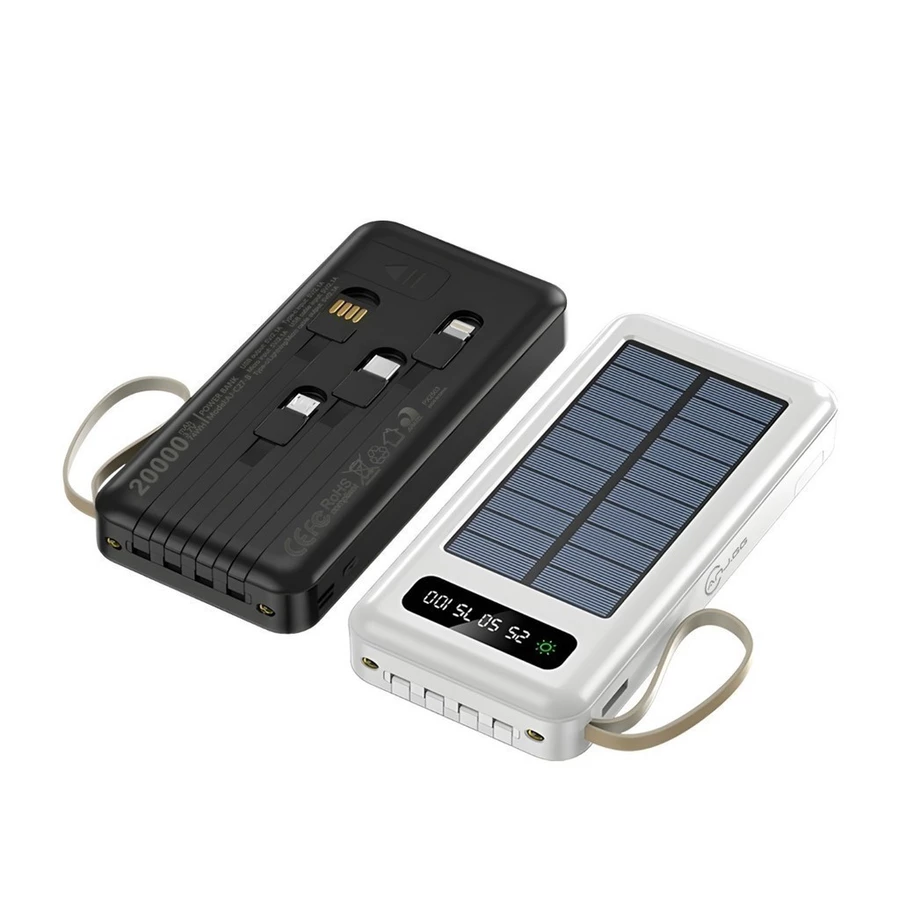 Power Bank Solar 20000mAh · 4 Cabos Embutidos + Display Digital