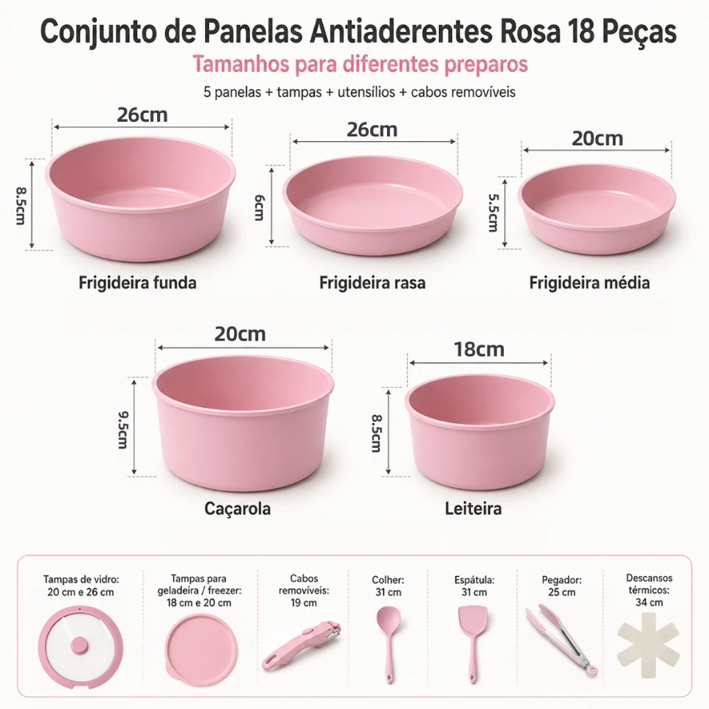 Conteúdo e medidas das 18 peças do conjunto