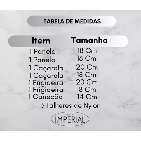 Tabela de medidas do jogo de panelas Imperial