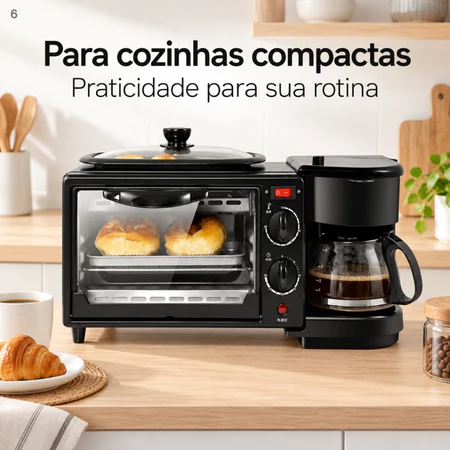 Máquina 3 em 1 sobre bancada com café e pães