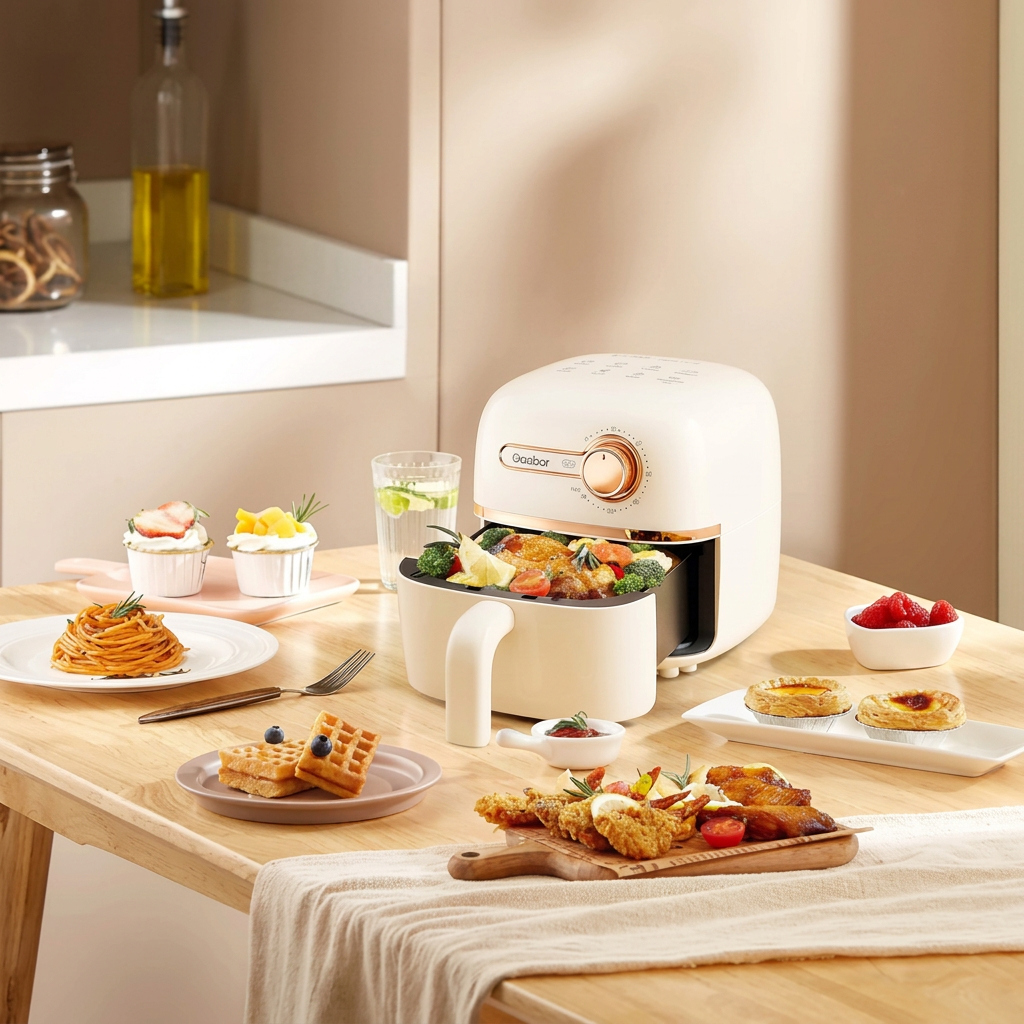 Mini air fryer Gaabor com cesto aberto na bancada