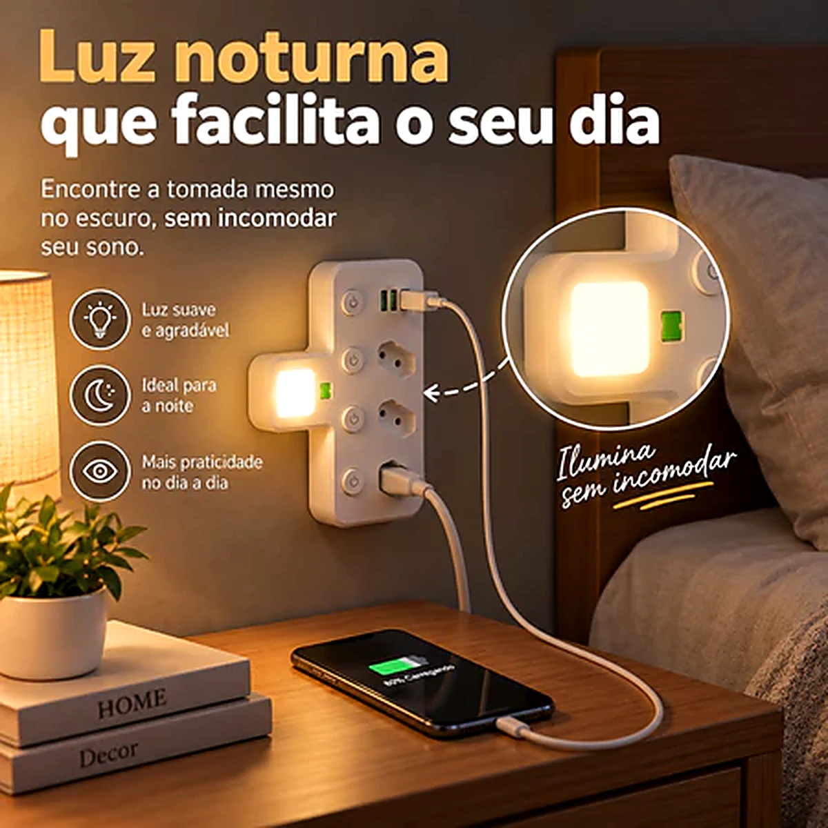 Adaptador benjamin 6 em 1 branco com 3 tomadas, 2 USB e 1 USB-C