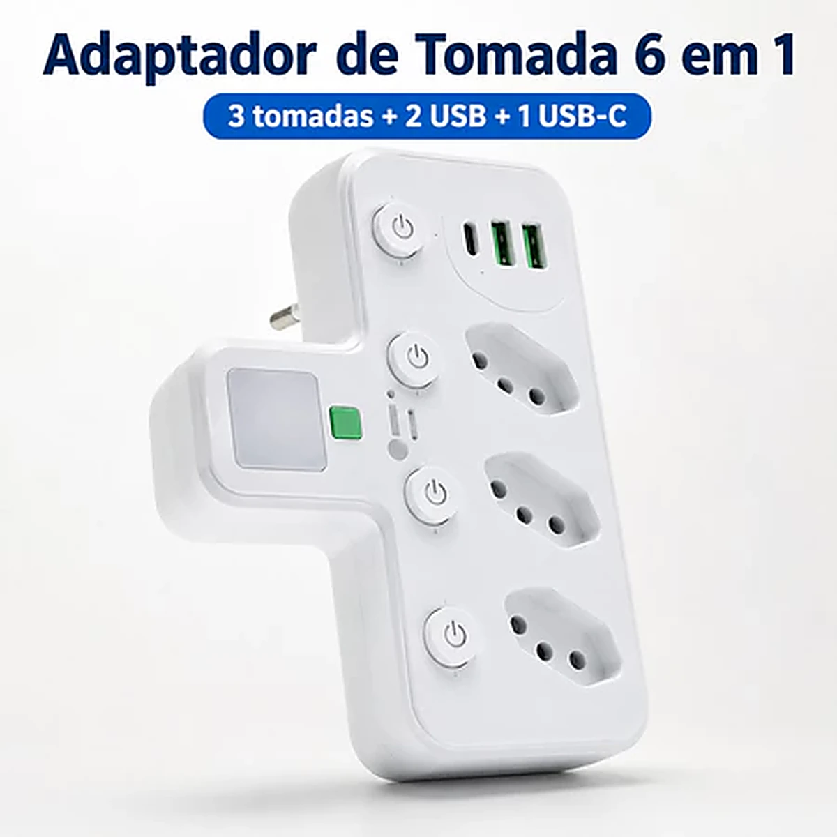 Adaptador de Tomada 6 em 1 Bivolt · 3 Tomadas + 2 USB + USB-C · 10A
